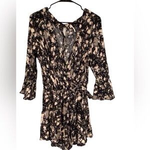 Free People All The Right Ruffles Romper Black Raven Combo Waist Sash M